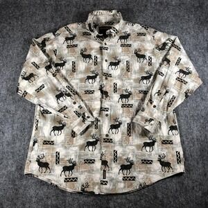 Woolrich Shirt Mens 2XL Beige Flannel Deer Print Button Down‎ Hunting Wildlife